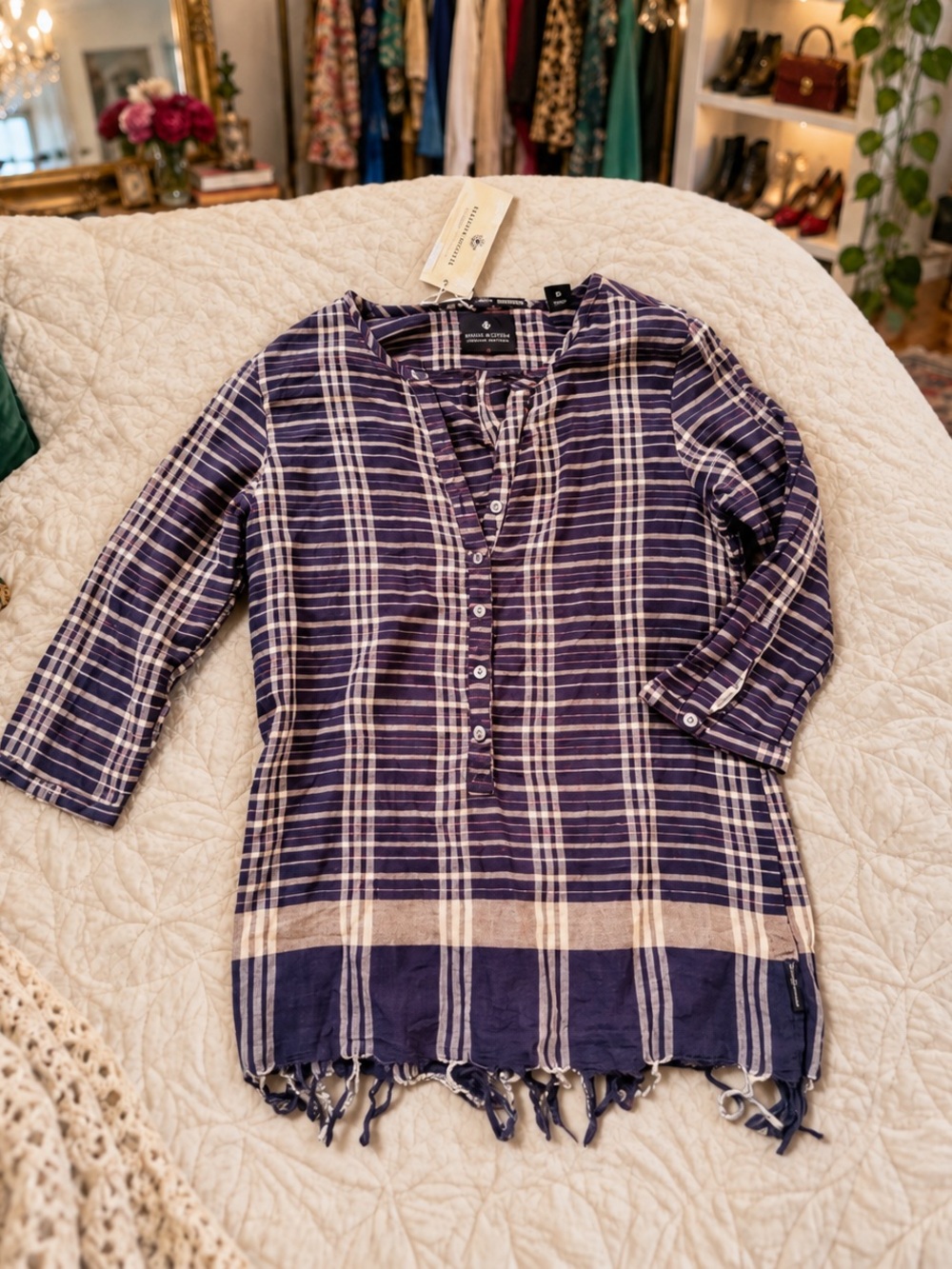 NWT Maison Scotch Plaid Cotton Fringe Tunic Top Size 1
